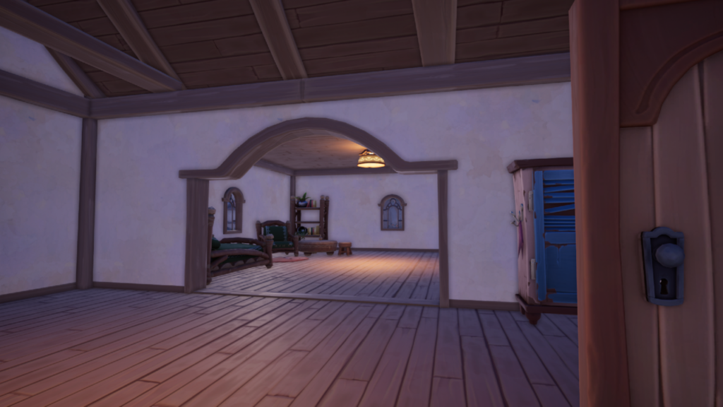 Screenshot z gry Palia pokazujący wnętrze domu z dużym dodatkowym pokojem.