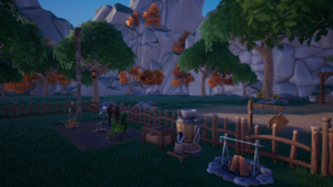 Screenshot z gry Palia pokazujący działkę gracza z grządkami do ogrodnictwa i sadzonkami, schowkiem, urządzeniem do wytwarzania nasion, oraz ogniskiem do gotowania. 